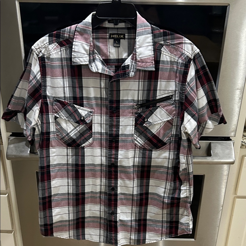 Helix Men's Red, Black, and White Plaid Shirt
